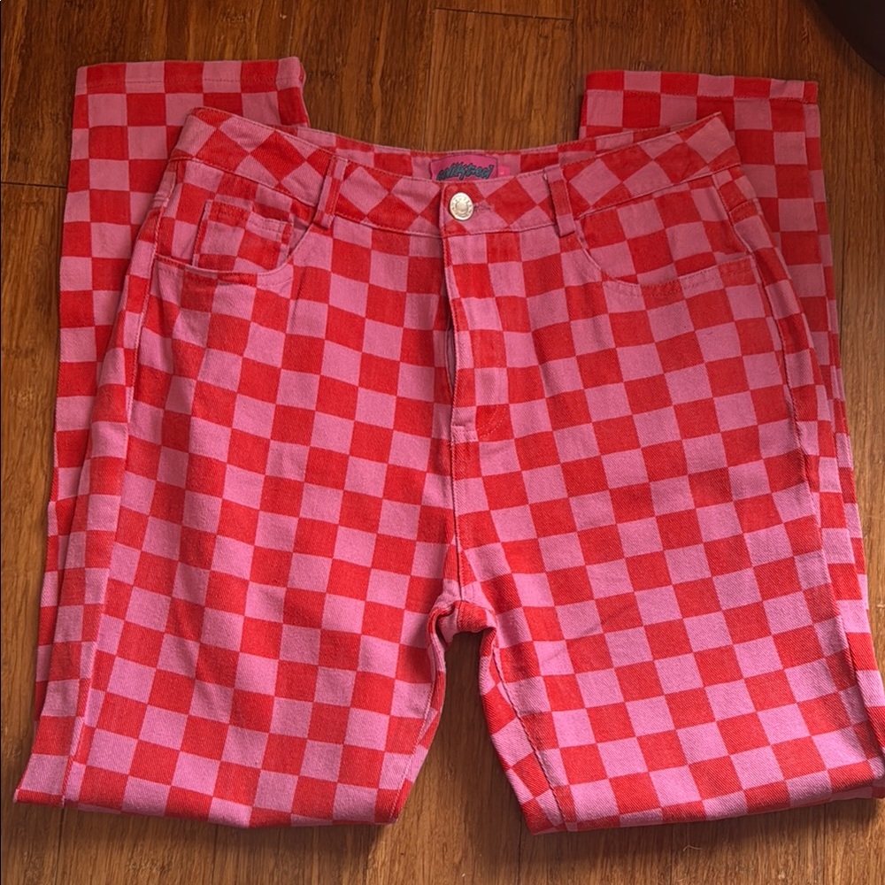 Edikted large Red and Pink Checkered Jeans